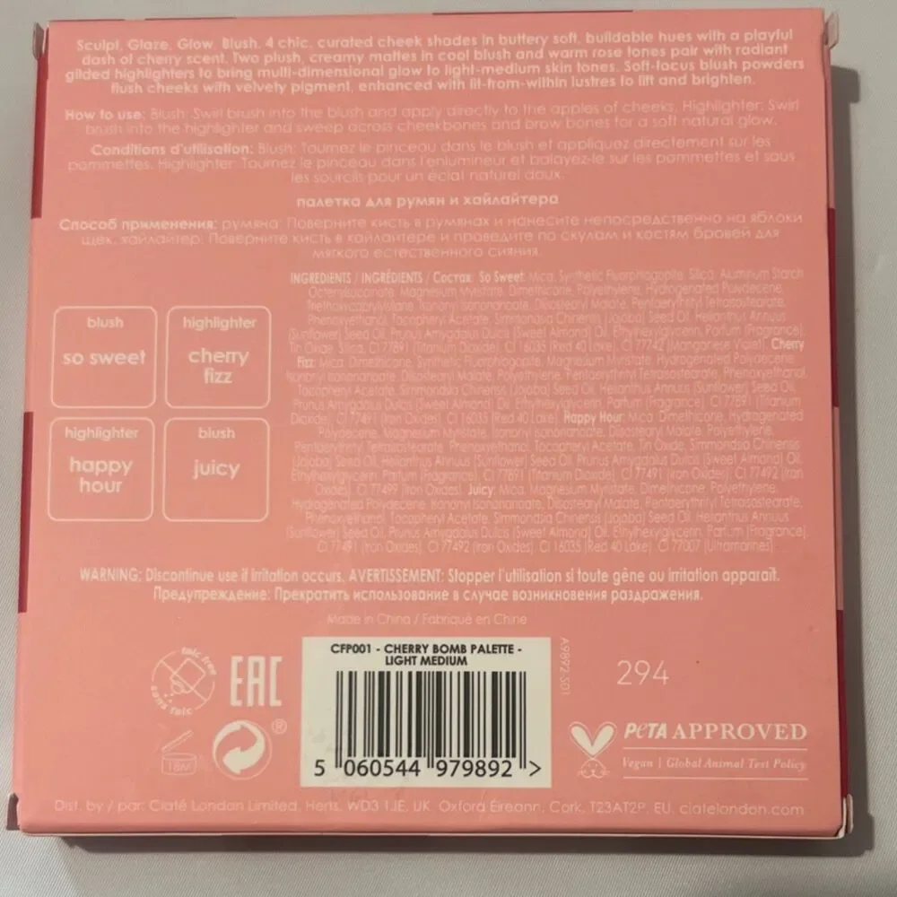 Ciaté London Cherry Bomb Blush Highlighter Palette So Sweet Cherry Fizz Juicy